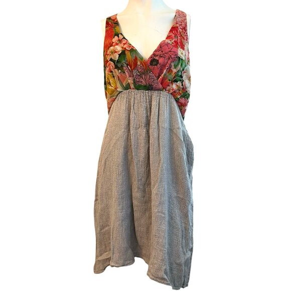 Aratta Silent Journey Medium Sand V Neck Sleeveless Crepe Floral Sun Dress - Picture 1 of 6